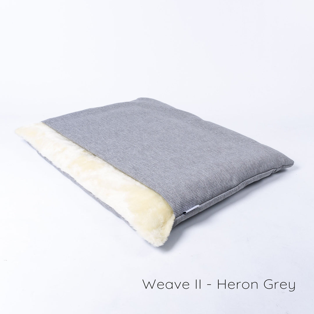 Charley Chau luxury Dog Burrow Bag - a luxe dog bed, perfect for dogs that love to sleep under blankets as a travel dog bed. Shown in Weave II, Heron Grey.