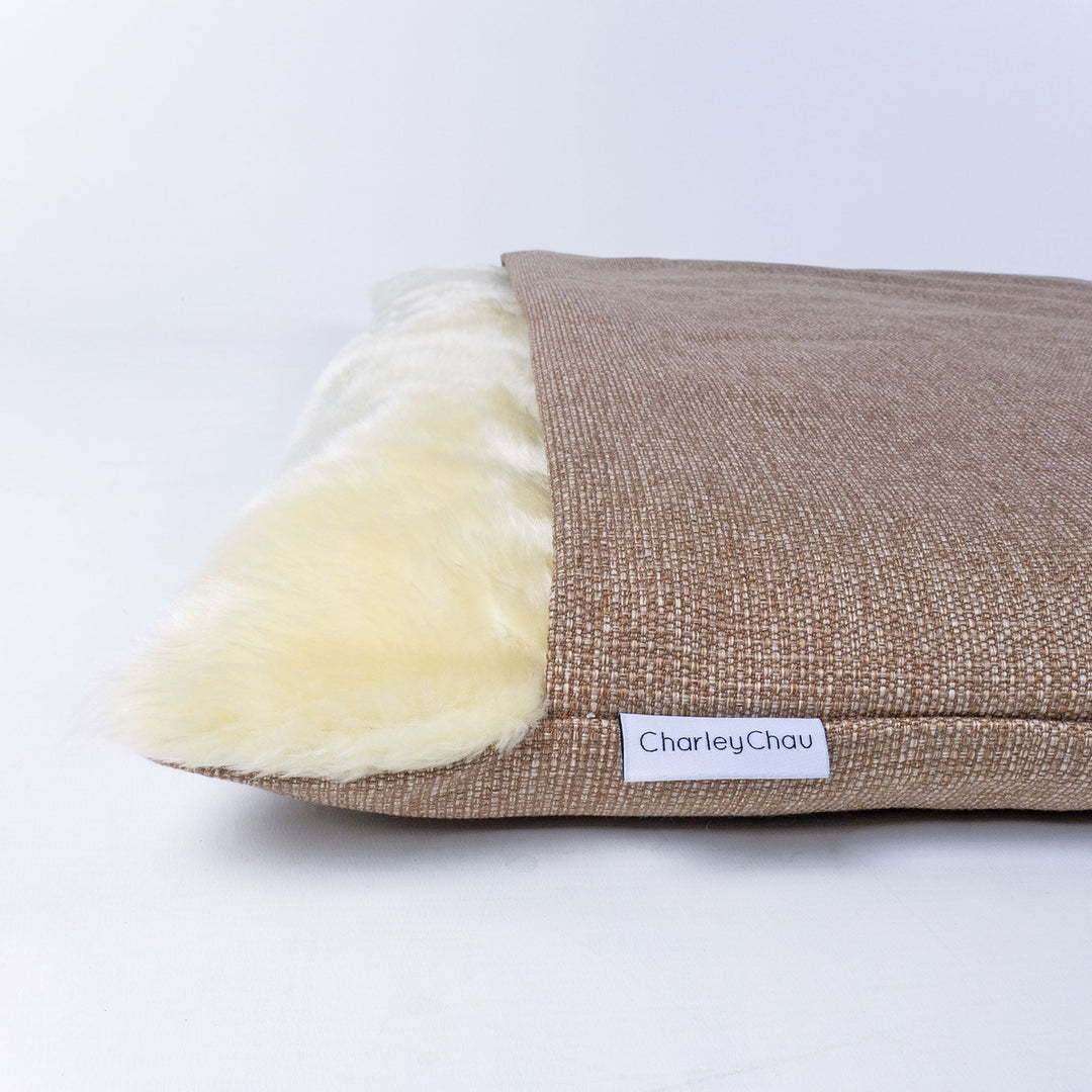 Detail of Charley Chau Dog Burrow Bag - snuggle sack / envelope bed style luxury dog bed in Weave II, Oak colourway with cream faux-fur fleece lining.