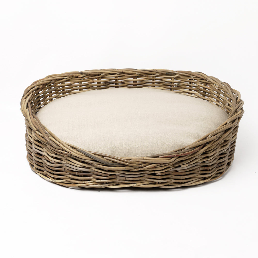 Charley Chau Oval Greywash Rattan Dog Basket and Mattress Set