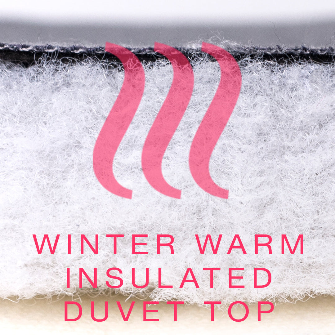 Close-up of a winter warm insulated duvet top for a dog burrow bag by Charley Chau with pink text overlay.