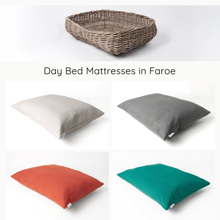 A Greywash Rattan Dog Basket and four different colour dog bed mattress options in pale beige, nimbus grey, sienna orange and jade green.