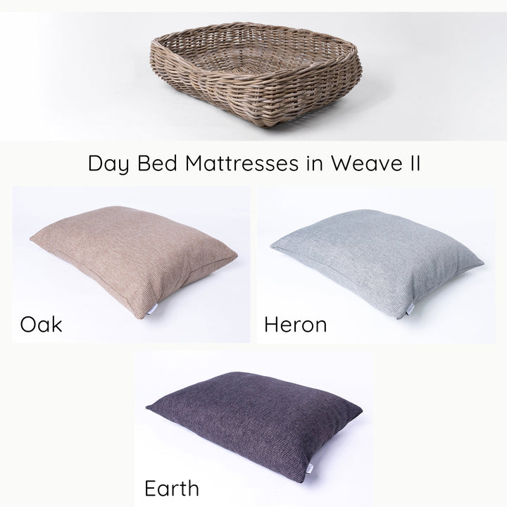 A Greywash Rattan Dog Basket and three different colour dog bed mattress options in a warm oak, cool heron grey and dark earth.