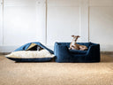 Two small dogs in two luxurious and cosy dog beds made with dark navy velvet. One dog bed is a dog snuggle bed, a cave bed style dog bed, and another is a high-wall dog bed.