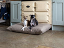 Two dogs sitting on a luxury dog bed by Charley Chau  in a beige, hard-wearing, durable upholstery fabric with a woven texture, in a home setting with a cream range cooker in the background on a stone floor.