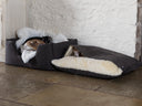 Dogs sleeping very cosy in two luxury dog beds in a very dark brown upholstery fabric in a home setting.