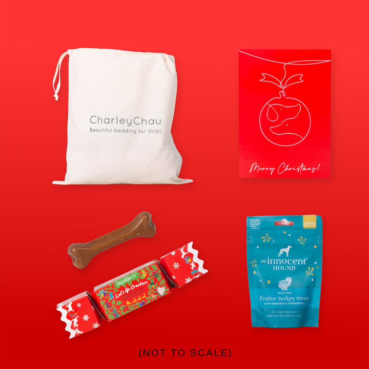 Collection of pet products in a Christmas Gift Bag including a nautral cotton drawstring bag, a red Christmas Card with line drawing, a bone shaped dog chew, a dog christmas cracker and a blue bag of dog treats.