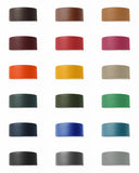 A grid of showing leather colours in 18 different colours for bespoke leather dog collars by Petiquette, arranged in three columns of six on a plain white background.
