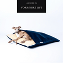 Dog lying inside a sleeping bag style dog bed with cover, The Charley Chau Dog Burrow Bag, in navy velvet with cream lining, and a press fetaure badge 'As seen in Yorkshire Life'.
