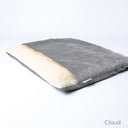 Luxury Dog Burrow Bag in Grey Velour - a sleeping bag dog bed with a built-in cover for a dog to sleep covered up.