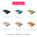 A colour chart showing 6 luxury dog burrow bags, a sleeping bag or cave bed style dog bed, with luxury velour on the outisde and lined with a cream faux-fur fleece, in 6 different colours: light gray, beige, orange, teal, dark navy blue and green.