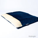Luxury Dog Burrow Bag in Dark Blue Velour - a sleeping bag dog bed with a built-in cover for a dog to sleep covered up.