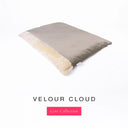 Luxury Dog Burrow Bag, a sleeping bag style or snuggle sack style dog bed, with a light grey Velour outer cover and a plush cream faux-fur lining on a white backdrop.