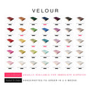 A colour chart grid showing a luxury dog burrow bag in velour in 35 different colours.