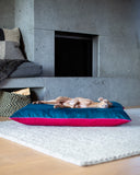 Dog lying on a teal and pink dog bed mattress in a modern room with concrete walls.