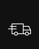 white icon of a delivery truck on a black background. 