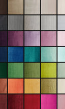 Color swatch grid showing many shades of velvet fabric for bespoke luxury dog beds by specialist dog bedding designers, Charley Chau