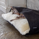 Italian Greyhound dog cosy sleeping  in a cave bed style snuggle dog bed with a dark brown outer cover and cream faux-fur lining inside on a stone floor.