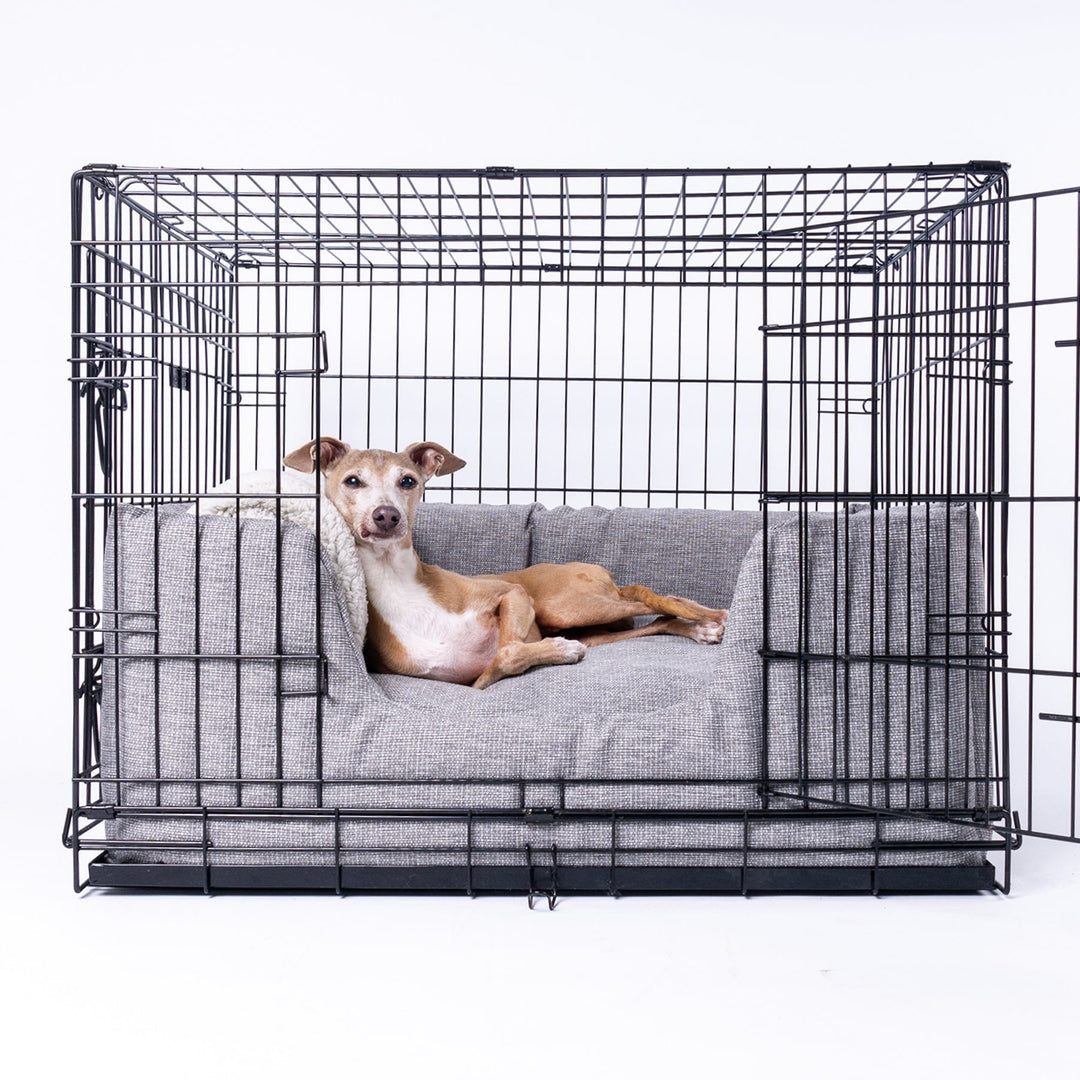 Machine washable, luxury high-wall dog bed inside a dog crate -the Deeply Dishy Bed in Heron Grey