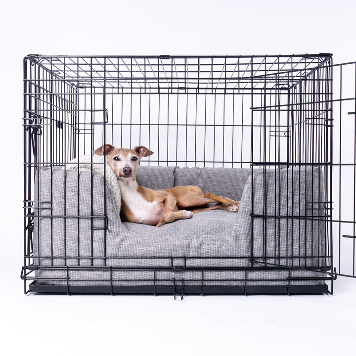 Machine washable, luxury high-wall dog bed inside a dog crate -the Deeply Dishy Bed in Heron Grey