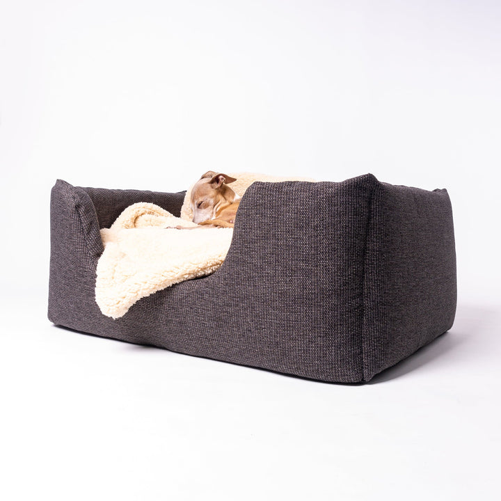 Machine washable, luxury high-wall dog bed - the Deeply Dishy Bed in Earth - with sherpa fleece dog blanket