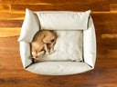 Dog lying in a cooling pale beige luxurious box style dog bed with high sides and two small bolster cushions on a wooden floor background