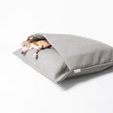 Italian Greyhound dog sleeping very cosy in a luxury Dog Snuggle Bed, a cave bed style dog bed, by designers Charley Chau in a grey woven upholstery fabric, on a white background.