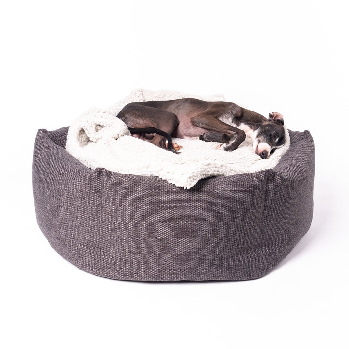 Luxury donut dog bed by designer Charley Chau - the Ducky Donut Dog Bed, shown with a grey sherpa Fleece Dog Blanket and an Italian Greyhound dog sleeping.