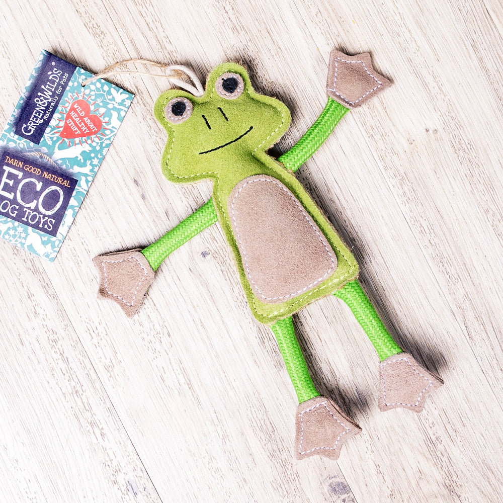 Green suede frog-shaped dog toy with brown accents on a light wooden surface, next to a package labeled 'Eco Dog Toys'.