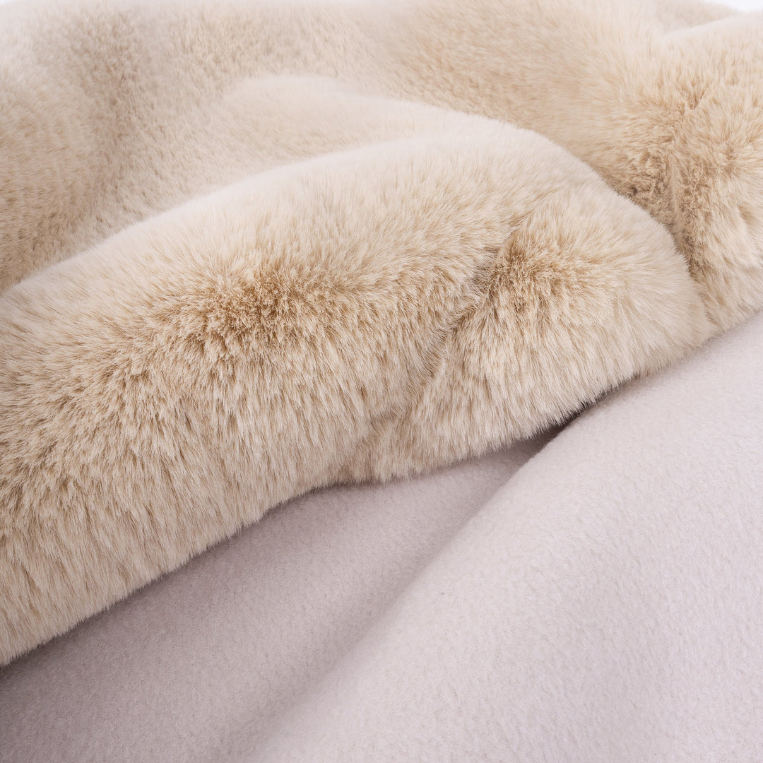 Lluxurious golden fawn faux-fur dog blanket backed with a pale beige anti-pil fleece.