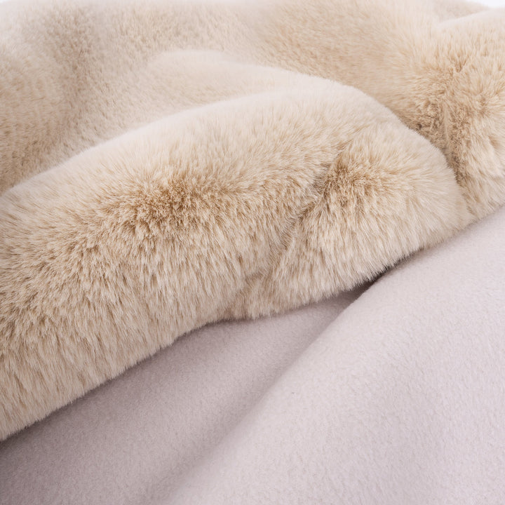 Lluxurious golden fawn faux-fur dog blanket backed with a pale beige anti-pil fleece.