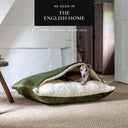 Italian Greyhound dog lying very cosy in a luxury dog snuggle bed with a green velvet outer cover and cream faux-fur fleece lining in a home setting with a hessian natural carpet and a whitewashed wall back drop with an "As seen in The English Home" press feature badge.