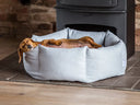 A brown dachshund dog sleeping stretched out inside a machine washable dog bed, a light blue gray donut style dog bed, placed in front of a black wood burning stove.