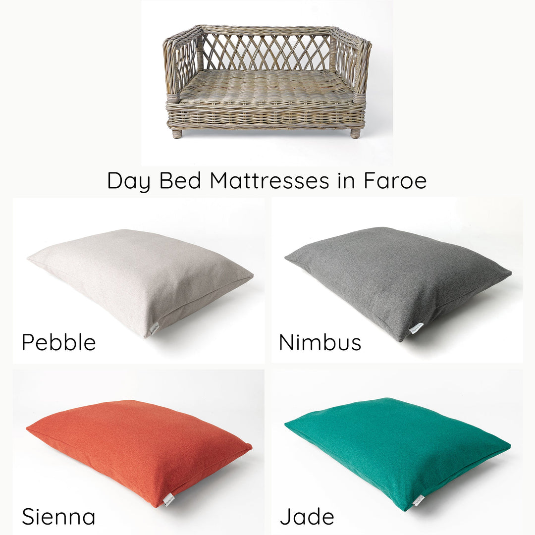 A chart showing the colour options for luxury dog bed mattresses in Pebble, Nimbus Grey, Sienna and Jade  colourways to place coordinate with a Raised Rattan Dog Bed.