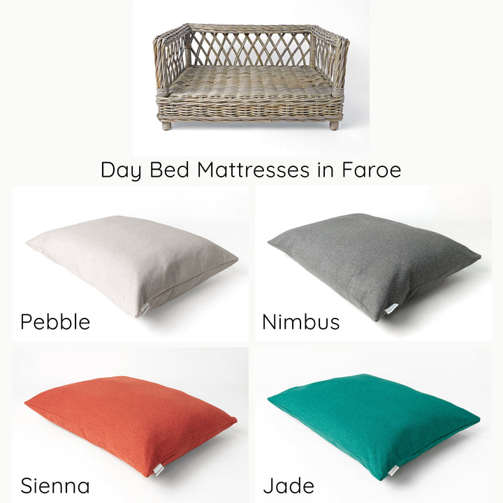 A chart showing the colour options for luxury dog bed mattresses in Pebble, Nimbus Grey, Sienna and Jade  colourways to place coordinate with a Raised Rattan Dog Bed.