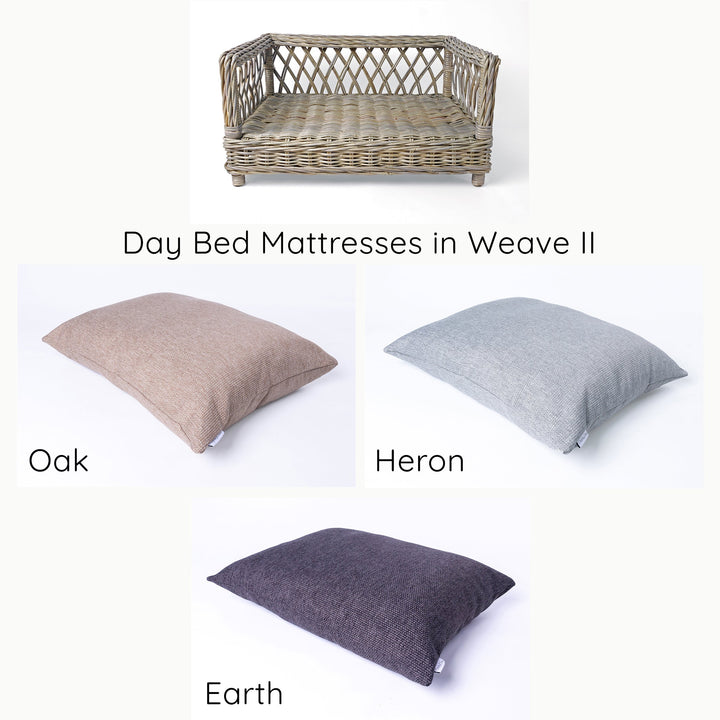 A chart showing the colour options for luxury dog bed mattresses in Oak, Heron and Earth colourways to place coordinate with a Raised Rattan Dog Bed.