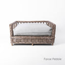 Luxury wicker dog bed - Charley Chau's Raised Rattan Dog Bed - with a deep-filled dog bed mattress in a pale beige/grey fabric called Faroe Pebble, placed on a white background.