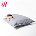 Italian Greyhound dog sleeping in a sleeping bag style luxury dog snuggle bed in a heron grey colour on a white background.