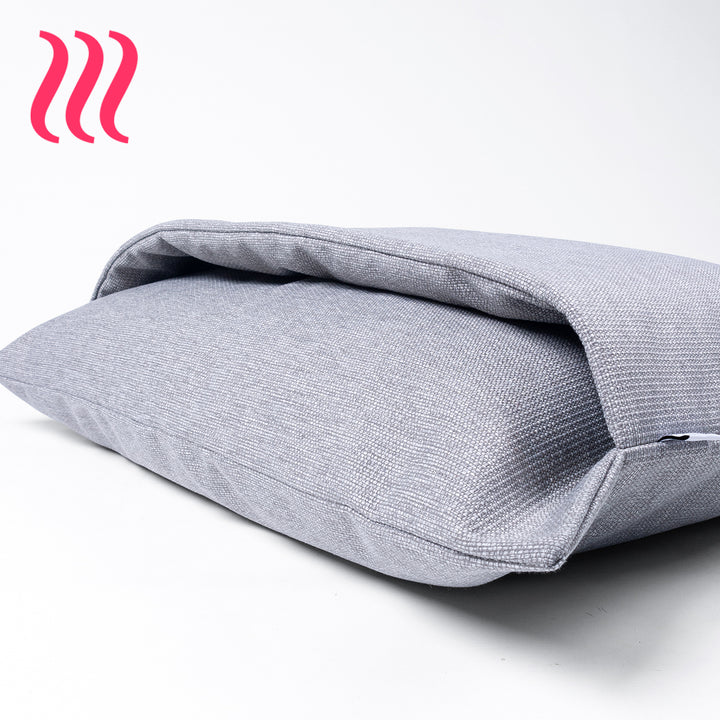 A sleeping bag style luxury dog snuggle bed in a heron grey colour on a white background.