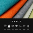Close up of swatches of Faroe, an upholstery fabric with woven wool texture, in teal, orange, mid grey, pale beige and pale yellow-green, with "Faroe" stated on the image and icons indicating properties of the fabric.