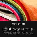 Stack of colorful velour fabrics with product features listed below on a black background.