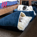 An Italian Greyhound lying down in a luxury sleeping bag style Dog Snuggle Bed in a dark blue velvet with crea mlining. In the background is another ITalian Greyhound dog sleeping in a dog bed on a faux-fur luxury blanket in pale cream.