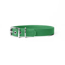 A handcrafted, bespoke BRIGHT GREEN leather dog collar in a classic cut, made to order with finest quality Italian Calf Leather, to fit all breeds and sizes of dog, on a white background.
