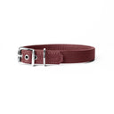 A handcrafted, bespoke burgundy leather dog collar in a classic cut, made to order with finest quality Italian Calf Leather, to fit all breeds and sizes of dog, on a white background.