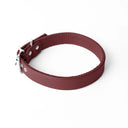 A handcrafted, bespoke burgundy leather dog collar in a classic cut, made to order with finest quality Italian Calf Leather, to fit all breeds and sizes of dog, on a white background.