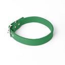 A handcrafted, bespoke BRIGHT GREEN leather dog collar in a classic cut, made to order with finest quality Italian Calf Leather, to fit all breeds and sizes of dog, on a white background.