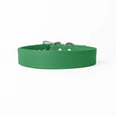 A handcrafted, bespoke BRIGHT GREEN leather dog collar in a classic cut, made to order with finest quality Italian Calf Leather, to fit all breeds and sizes of dog, on a white background.