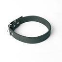 A handcrafted, bespoke DARK GREEN leather dog collar in a classic cut, made to order with finest quality Italian Calf Leather, to fit all breeds and sizes of dog, on a white background.