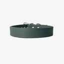 A handcrafted, bespoke DARK GREEN leather dog collar in a classic cut, made to order with finest quality Italian Calf Leather, to fit all breeds and sizes of dog, on a white background.