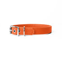A handcrafted, bespoke birght orange leather dog collar in a classic cut, made to order with finest quality Italian Calf Leather in England, to fit all breeds and sizes of dog, on a white background.