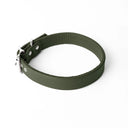 A handcrafted, bespoke olve green leather dog collar in a classic cut, made to order with finest quality Italian Calf Leather, to fit all breeds and sizes of dog, on a white background.